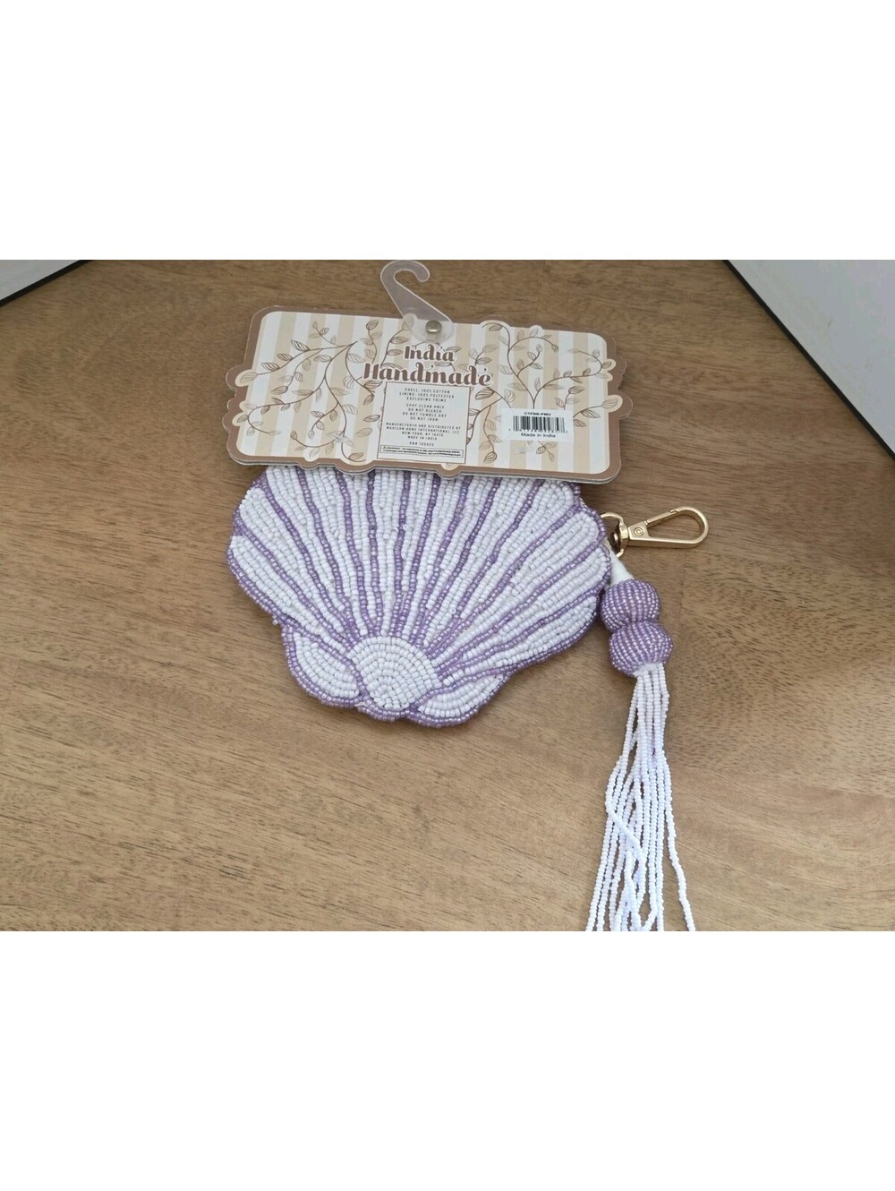 India Handmade Beaded Shell Coin Purse Keychain Lavender White NWT - Picture 2 of 3